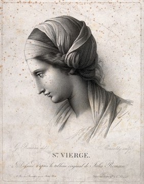 Saint Mary (the Blessed Virgin). Engraving by A. Monsaldy, 1814, after G. Reverdin after Giulio Romano.