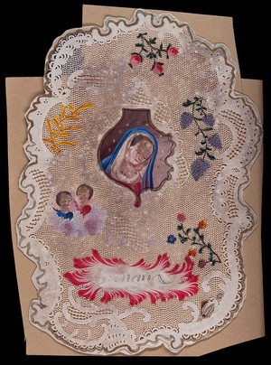 view Saint Mary (the Blessed Virgin). Gouache painting with paper cut border.