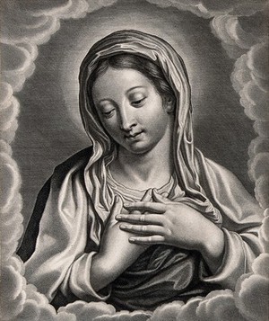 view Saint Mary (the Blessed Virgin). Stipple engraving by J. Boulanger after C. Lefevre.