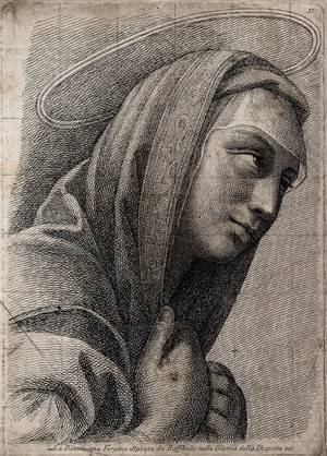 view Saint Mary (the Blessed Virgin). Etching after Raphael.