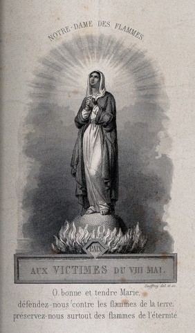 Saint Mary (the Blessed Virgin) as protector against fires. Engraving by Geoffroy.