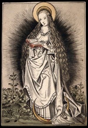 view Saint Mary (the Blessed Virgin). Coloured drypoint by J. Crawhall, 1852.