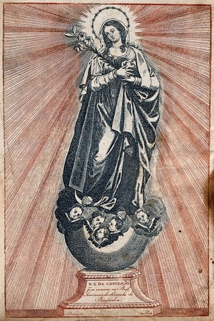 view Saint Mary (the Blessed Virgin). Colour engraving by Bruno.