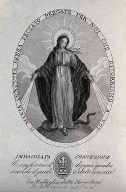 Saint Mary (the Blessed Virgin), in the form in which she appeared to Saint Catherine Labouré in Paris in 1830. Etching.