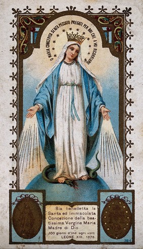 Saint Mary (the Blessed Virgin), in the form in which she appeared to Saint Catherine Labouré in Paris in 1830. Colour lithograph, 1903.