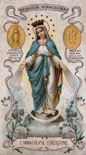 view Saint Mary (the Blessed Virgin), in the form in which she appeared to Saint Catherine Labouré in Paris in 1830. Colour lithograph, 1898.