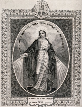 Saint Mary (the Blessed Virgin), in the form in which she appeared to Saint Catherine Labouré in Paris in 1830. Engraving.