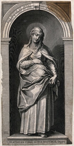 Saint Mary (the Blessed Virgin). Line engraving  by L. Kilian, 1623, after J.M. Kager.