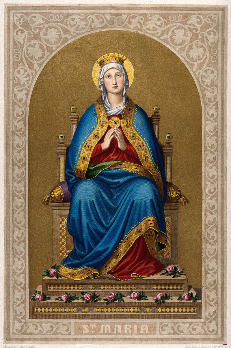 Saint Mary (the Blessed Virgin). Coloured engraving by A. Schleich after Heinrich Hess., 1800-1899, by Heinrich Maria von Hess