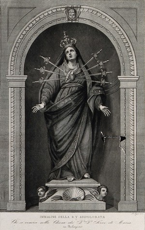 view Saint Mary (the Blessed Virgin). Engraving by A. Lega.