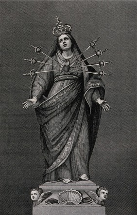 Saint Mary (the Blessed Virgin) as Virgin of the Seven Sorrows. Engraving by A. Lega after A. Piò.