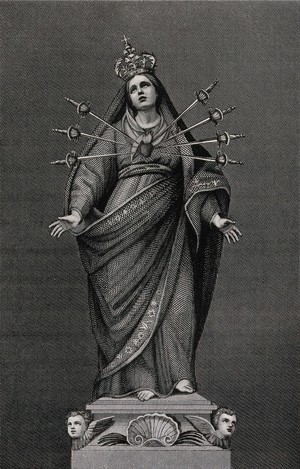 view Saint Mary (the Blessed Virgin) as Virgin of the Seven Sorrows. Engraving by A. Lega after A. Piò.