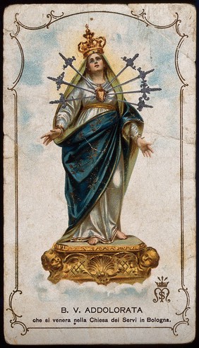 Saint Mary (the Blessed Virgin) as Virgin of the Seven Sorrows. Colour photogravure after A. Piò.