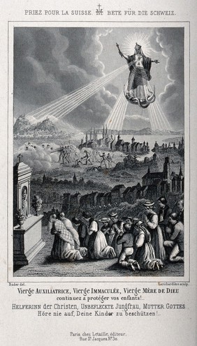 Saint Mary (the Blessed Virgin): she receives the prayers of the Swiss who ask for her help in ending the Sonderbund War (?). Engraving by La Richardière after Bader.