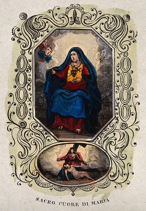 view Saint Mary (the Blessed Virgin). Coloured etching.