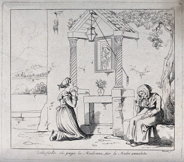 Saint Mary (the Blessed Virgin): a daughter praying to the Virgin for her sick mother. Etching by B. Pinelli.
