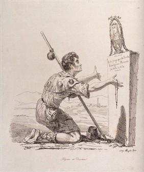 A pilgrim praying at a roadside shrine of Saint Bridget in Italy. Etching by G. Hayter, 1829.