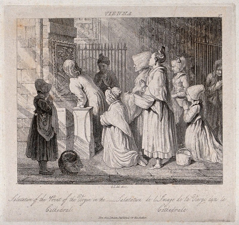 Saint Mary (the Blessed Virgin): people queuing in Vienna Cathedral to kiss the image of the Virgin. Etching by G.R. Lewis, 1822., 1822, by George Robert Lewis