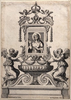 Saint Mary (the Blessed Virgin): design for a shrine. Engraving by V. Regnard after P. Berrettini [Pietro da Cortona].