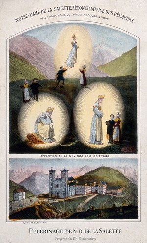 view Saint Mary (the Blessed Virgin) as the Virgin of La Salette. Coloured lithograph.
