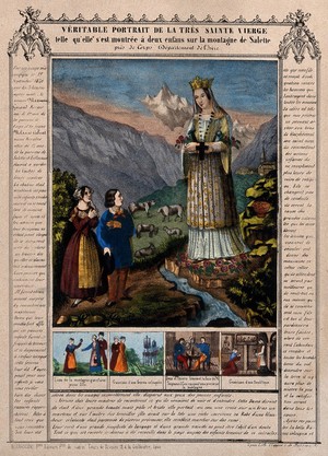 view Saint Mary (the Blessed Virgin) as Virgin of La Salette. Coloured lithograph.