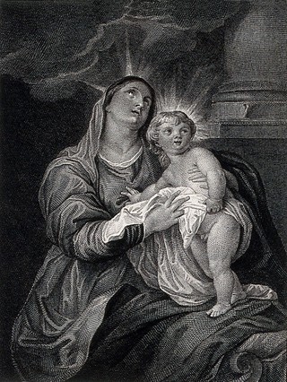Saint Mary (the Blessed Virgin) with the Christ Child. Line engraving W. Finden, 1816, after W.M. Craig after Sir A. van Dyck.