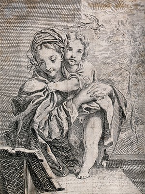 view Saint Mary (the Blessed Virgin) with the Christ Child. Etching by Annibale Carracci after himself.