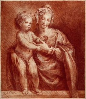Saint Mary (the Blessed Virgin) with the Christ Child. Colour crayon-manner print by W. Baillie, 1773, after L. Sabbatini.