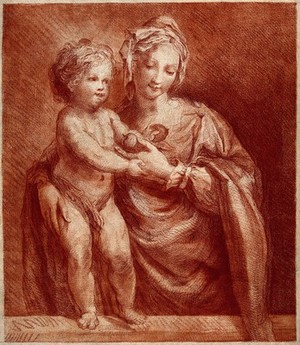 view Saint Mary (the Blessed Virgin) with the Christ Child. Colour crayon-manner print by W. Baillie, 1773, after L. Sabbatini.