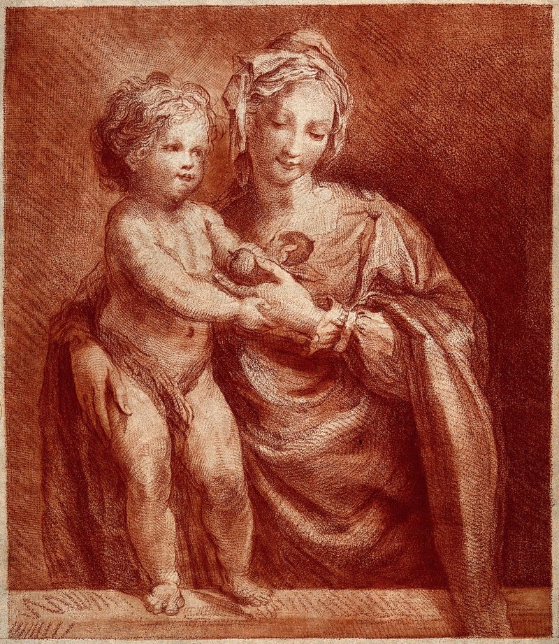 Saint Mary (the Blessed Virgin) with the Christ Child. Colour crayon-manner print by W. Baillie, 1773, after L. Sabbatini., 1773, by Lorenzo Sabbatini