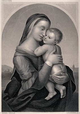 Saint Mary (the Blessed Virgin) with the Christ Child. Engraving by C. Eulenstein after Raphael.