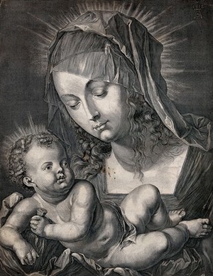 view Saint Mary (the Blessed Virgin) with the Christ Child. Line engraving after A. Dürer, 1512.