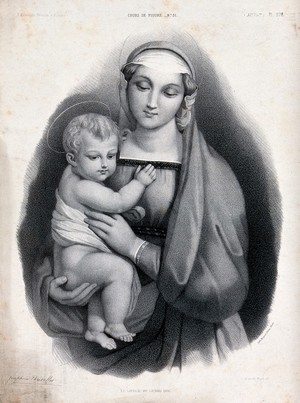 view Saint Mary (the Blessed Virgin) with the Christ Child. Lithograph by J. Ducollet, 1855, after Raphael.