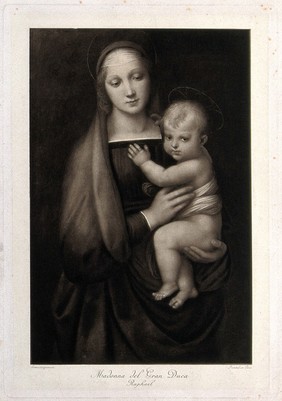 Saint Mary (the Blessed Virgin) with the Christ Child. Photogravure after Raphael.