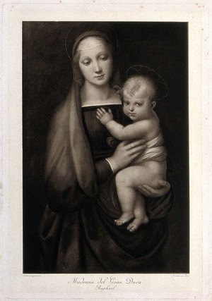 view Saint Mary (the Blessed Virgin) with the Christ Child. Photogravure after Raphael.