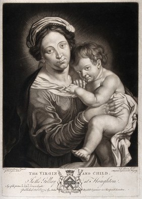 Saint Mary (the Blessed Virgin) with the Christ Child. Mezzotint by V. Green, 1774, after G. Farington after D. Zampieri, il Domenichino.