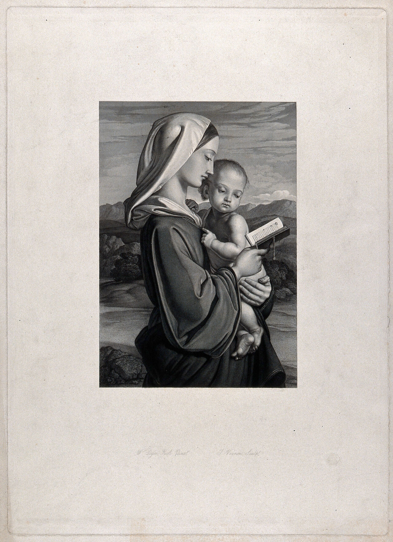 Saint Mary (the Blessed Virgin) with the Christ Child. Engraving by F. Vernon after W. Dyce., by William Dyce