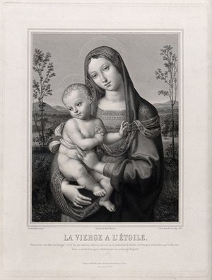view Saint Mary (the Blessed Virgin) with the Christ Child. Engraving by J.M. Leroux, 1840, after B. Betti, il Pintoricchio.