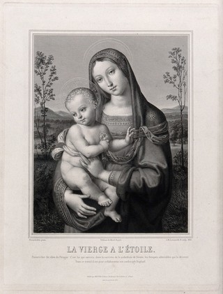 Saint Mary (the Blessed Virgin) with the Christ Child. Engraving by J.M. Leroux, 1840, after B. Betti, il Pintoricchio.