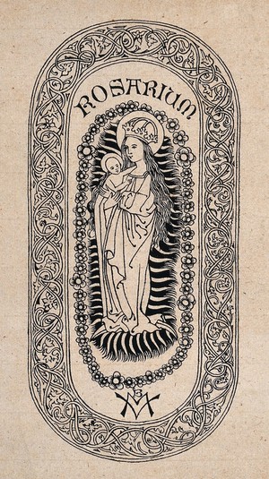 view Saint Mary (the Blessed Virgin) with the Christ Child. Woodcut.