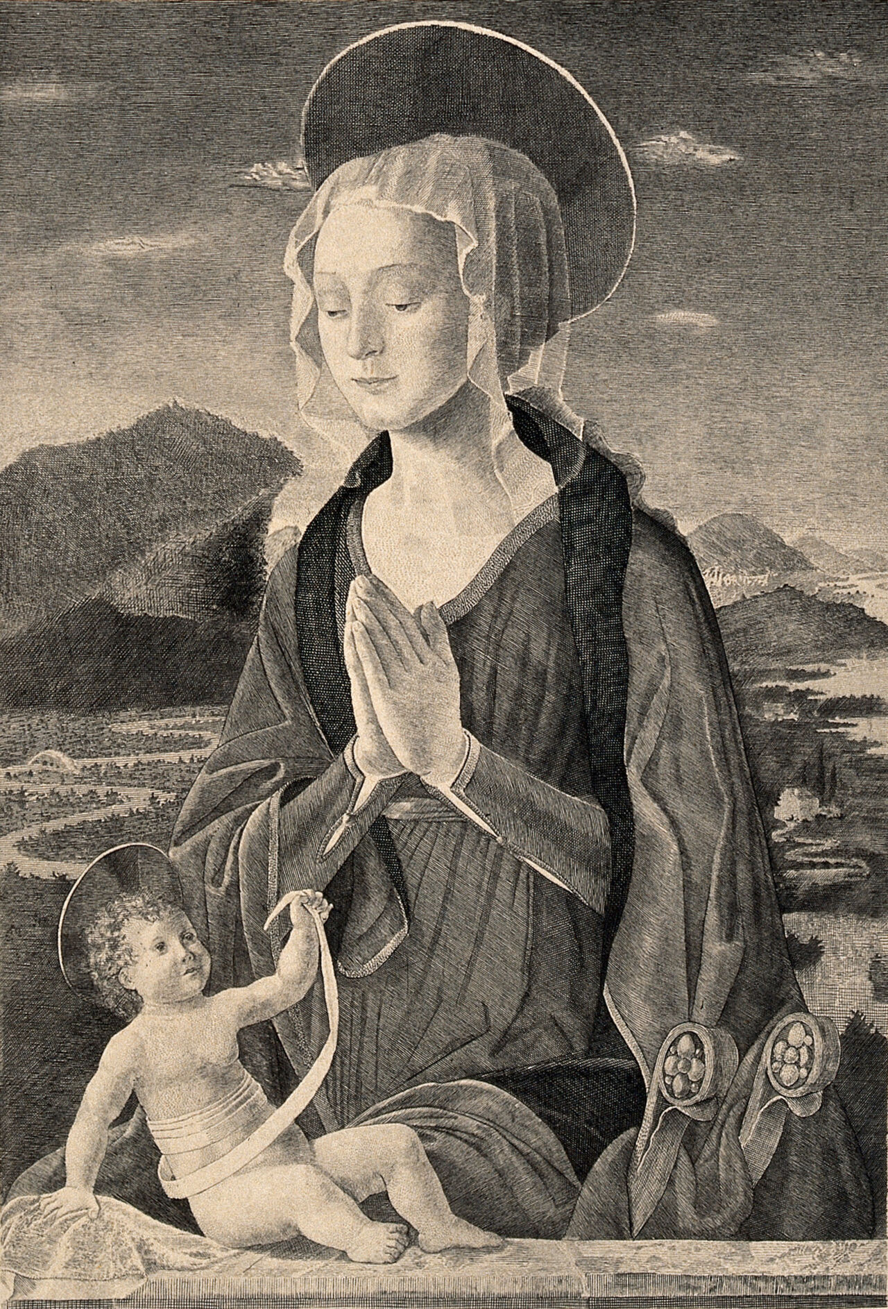 Saint Mary (the Blessed Virgin) with the Christ Child. Engraving by F.-E.Burney after A. Baldovinetti., 1899, by Alesso Baldovinetti