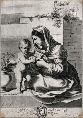 Saint Mary (the Blessed Virgin) with the Christ Child: she teaches him to read. Engraving by F. Curti after G.F. Barbieri, il Guercino.