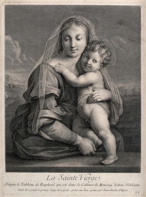 view Saint Mary (the Blessed Virgin) with the Christ Child. Engraving by J.C. Flipart after Raphael.