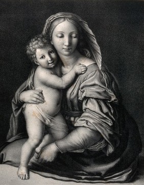 Saint Mary (the Blessed Virgin) with the Christ Child. Lithograph by H. Anschütz after J. Selb after G.B. Salvi, il Sassoferrato.