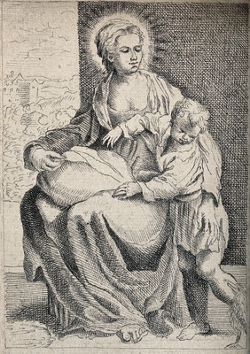 Saint Mary (the Blessed Virgin) with the Christ Child. Pen and ink drawing after A. Carracci.