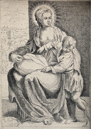 view Saint Mary (the Blessed Virgin) with the Christ Child. Pen and ink drawing after A. Carracci.