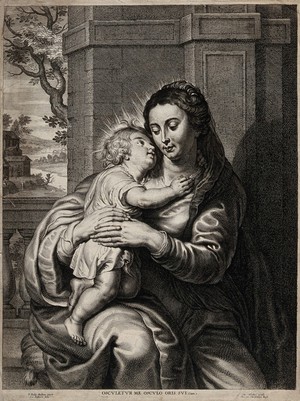 view Saint Mary (the Blessed Virgin) with the Christ Child. Engraving by S.A. Bolswert after Sir P.P. Rubens.