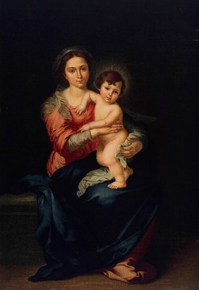 Saint Mary (the Blessed Virgin) with the Christ Child. Colour process print after B.E. Murillo.