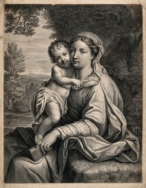 view Saint Mary (the Blessed Virgin) with the Christ Child. Engraving by J.L. Roullet after Annibale Carracci.