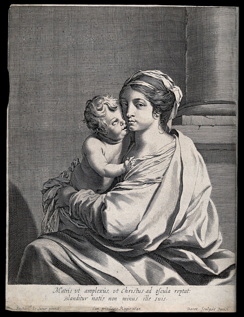 Saint Mary (the Blessed Virgin) with the Christ Child. Line engraving by P. Daret de Cazeneuve, 1643, after E. Le Sueur., by Eustache Le Sueur